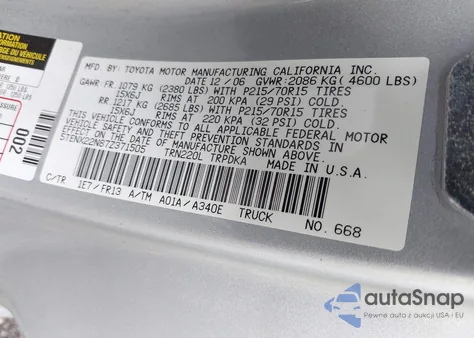 2007 Toyota Tacoma z USA, uszkodzony, nr VIN 5TENX22N87Z371505